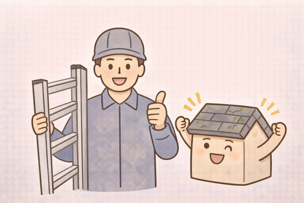 家キャラと屋根の専門作業員が正しい火災保険判断を伝えているイメージ
