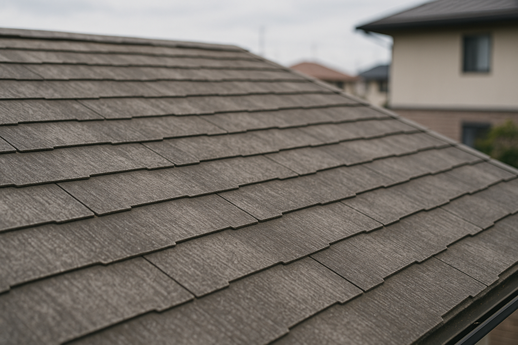 色あせて防水性能が低下し始めたスレート屋根の劣化状態
