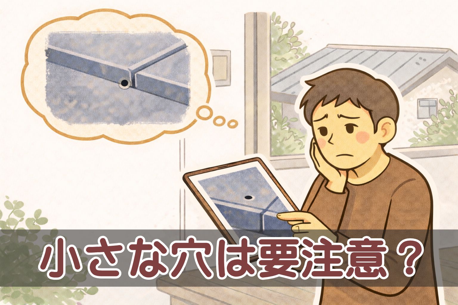 金属屋根の小さな穴に気づき写真で確認している住人の様子