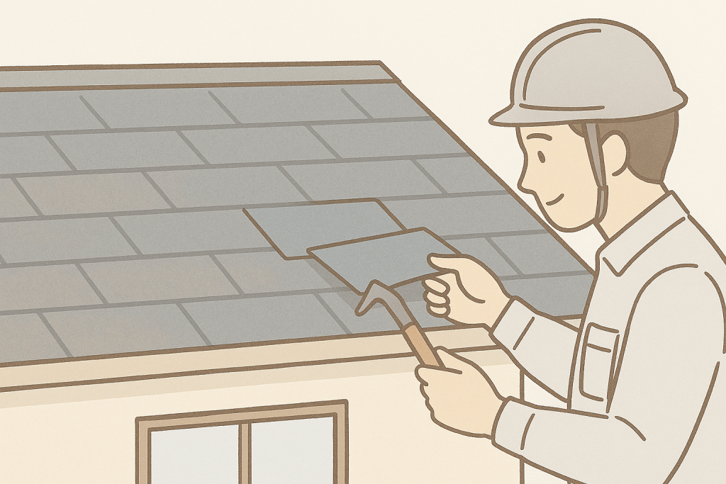 スレート屋根の割れやズレを部分的に修理しているイメージ