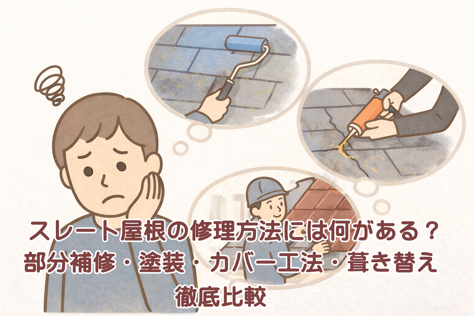 スレート屋根の修理方法を比較して考えているイメージ