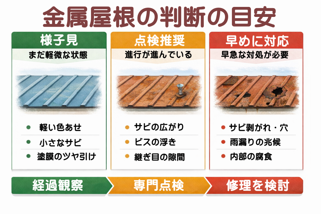 金属屋根の劣化状態を3段階で判断する目安