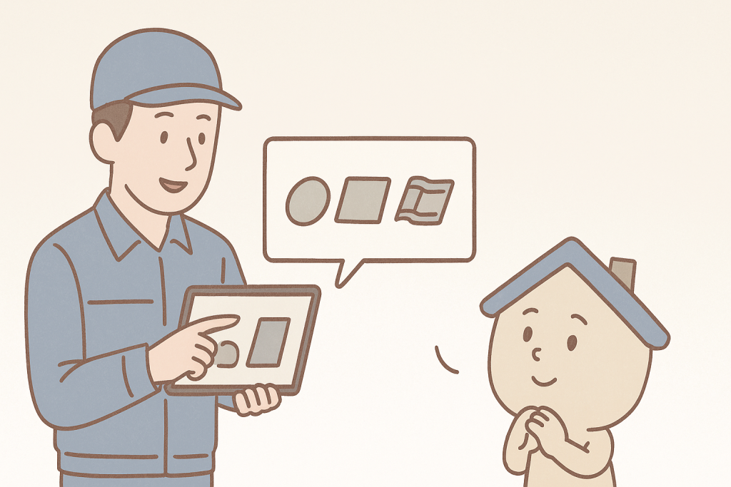 作業員が瓦の種類をタブレットで説明し、京キャラが聞いているイメージイラスト
