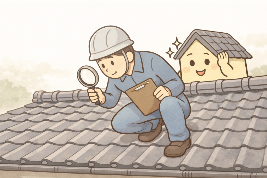 瓦屋根のズレを点検する作業員