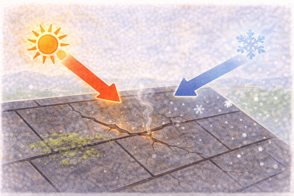 寒暖差によってスレート屋根が反ったり割れたりするイメージ
