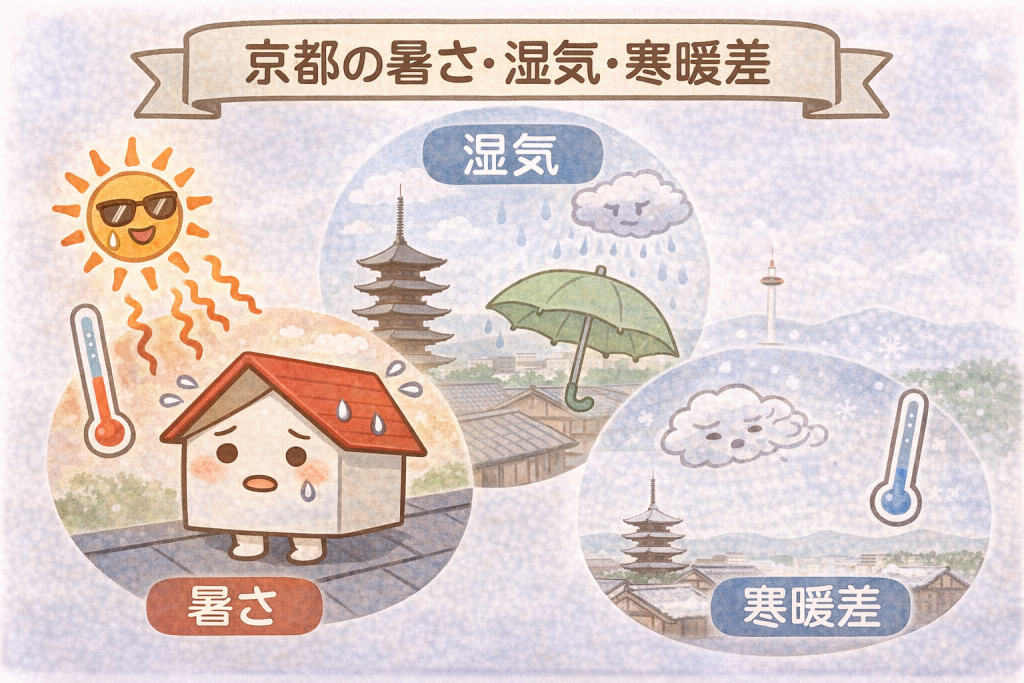 京都の気候の特徴とスレート屋根への影響を示すイメージ

