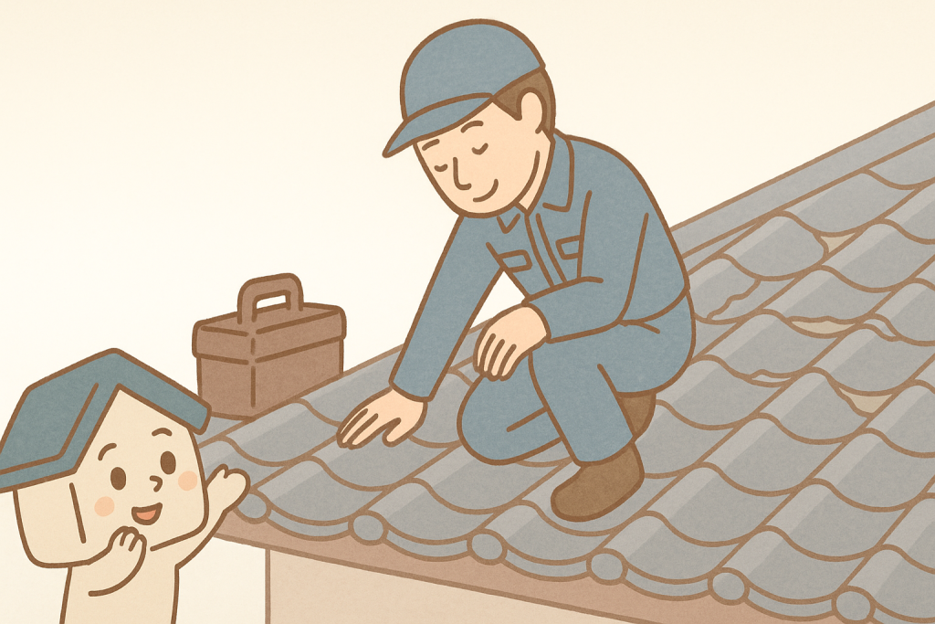 作業員が瓦屋根を点検している様子と、その様子を見上げる京キャラのイラスト
