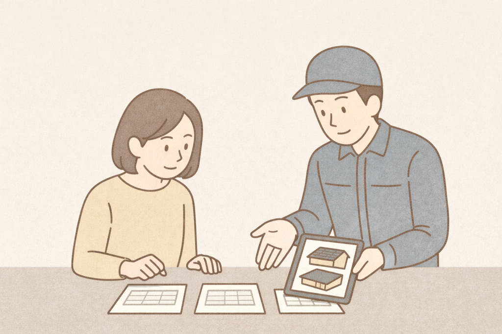 スレート屋根修理の見積書内容を比較しながら確認しているイメージ
