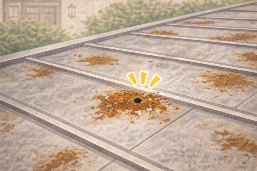 穴の周囲にサビが広がり張り替えやカバー工法を検討すべき金属屋根