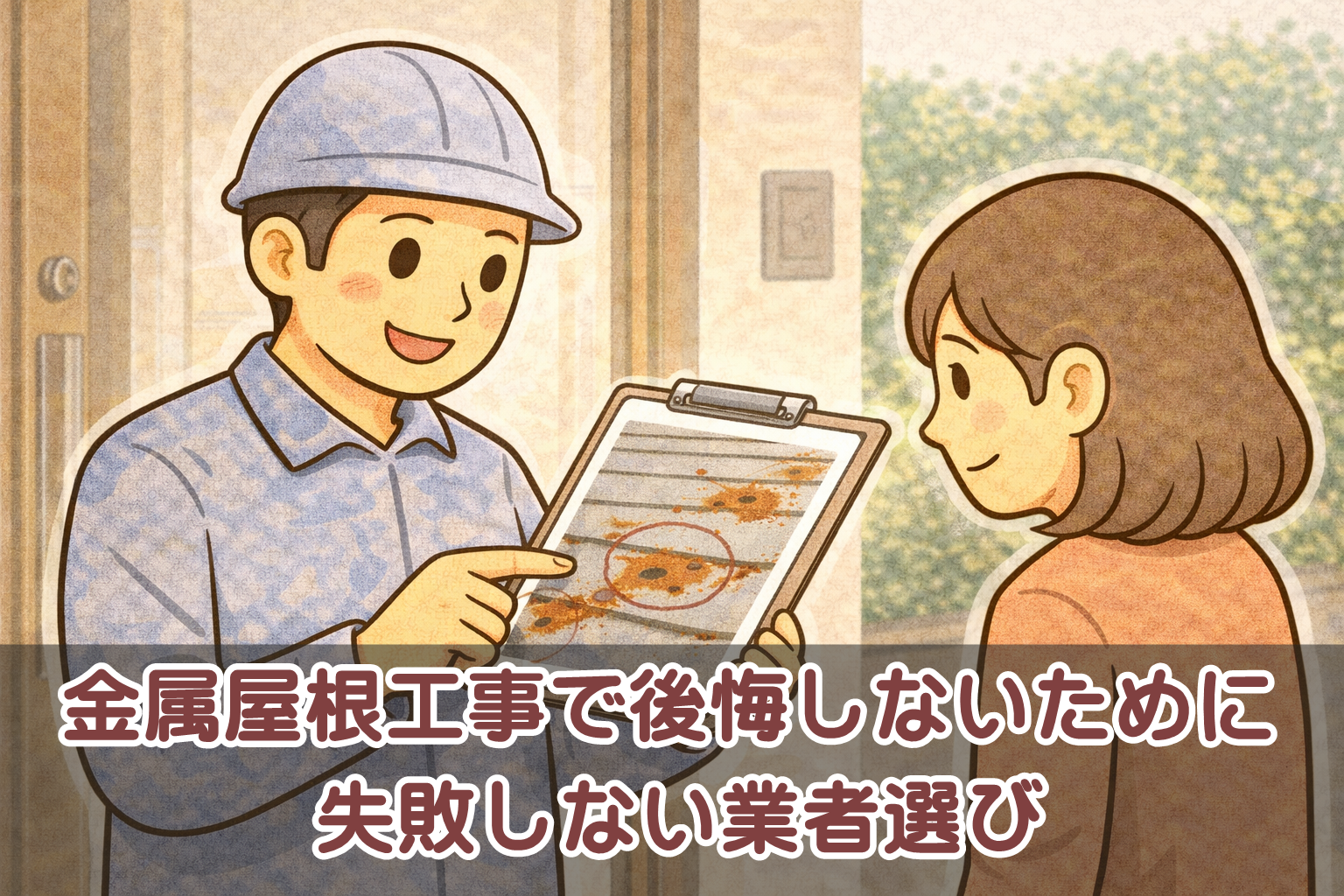 金属屋根工事の相談で作業員が写真を使って丁寧に説明している様子