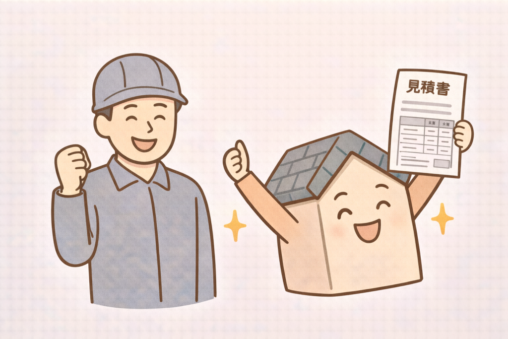 家キャラと屋根の専門作業員が見積もり内容を確認して安心しているイメージ
