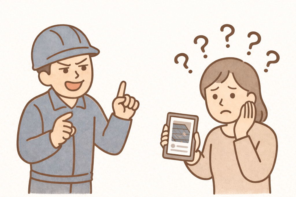 屋根写真を指差すが詳しい説明がない作業員