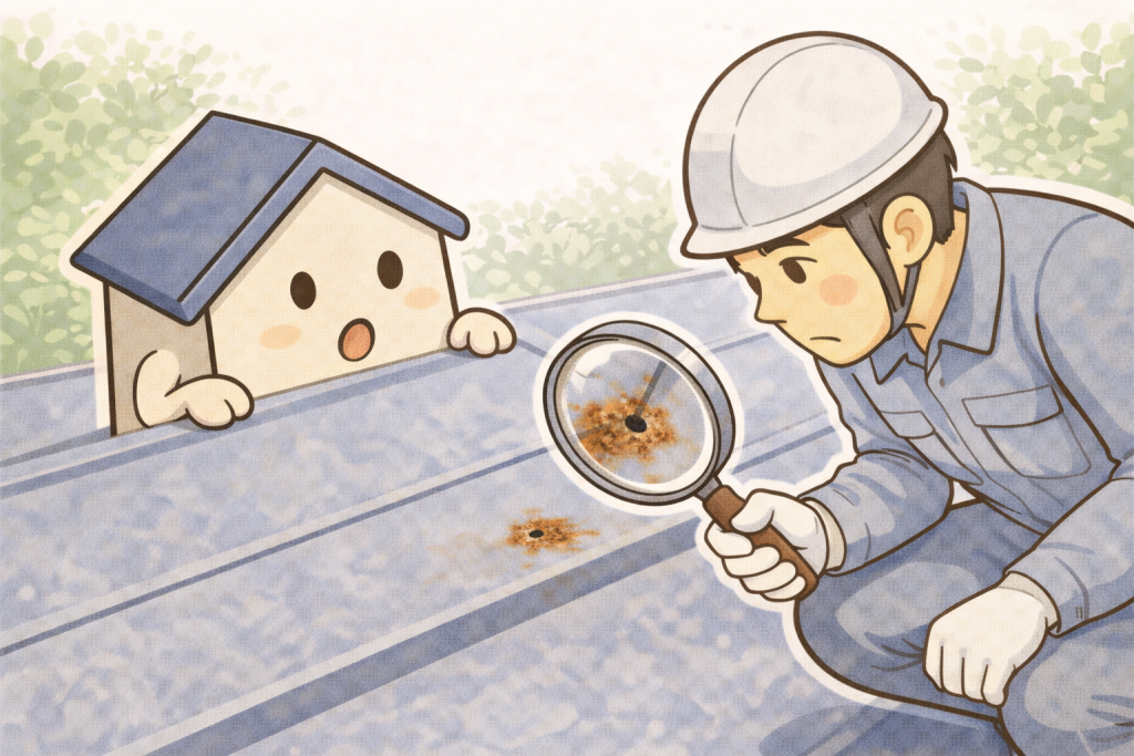 金属屋根の小さな穴から雨水が内部に入り込む様子