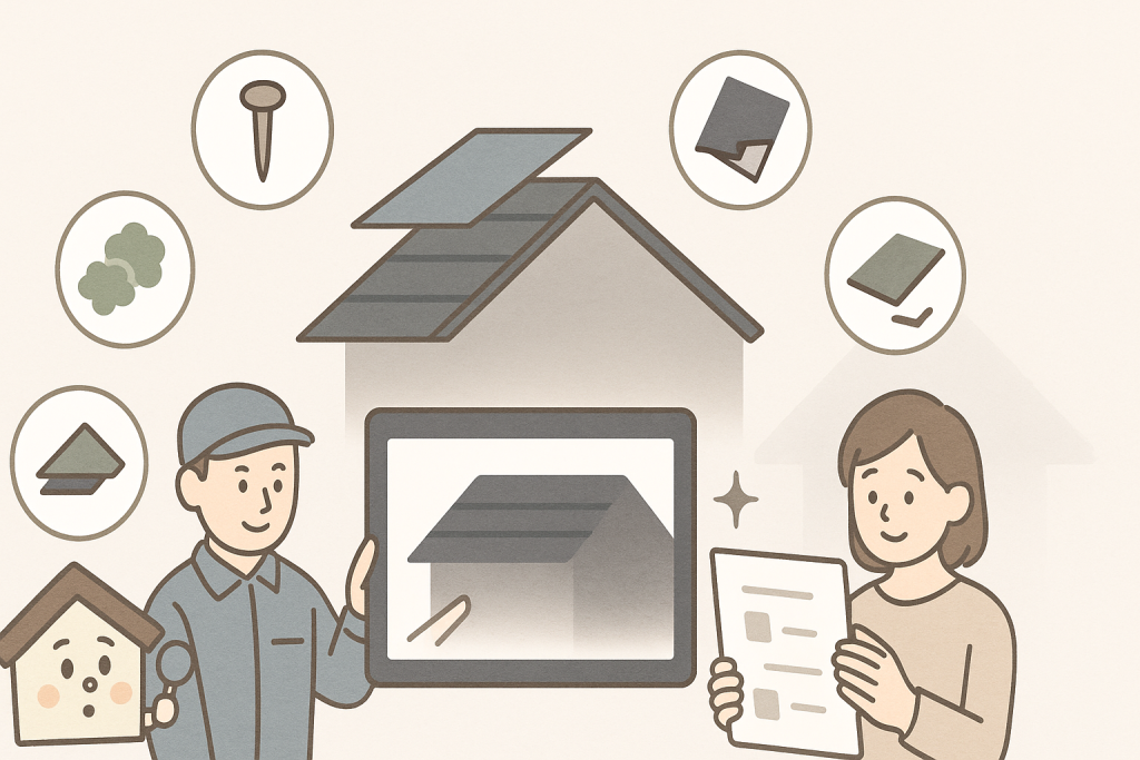 屋根の無料点検で確認する主要ポイントの概念イラスト
