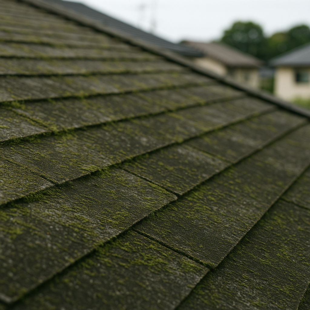 苔やカビが発生して防水性能が低下し始めたスレート屋根の劣化状態
