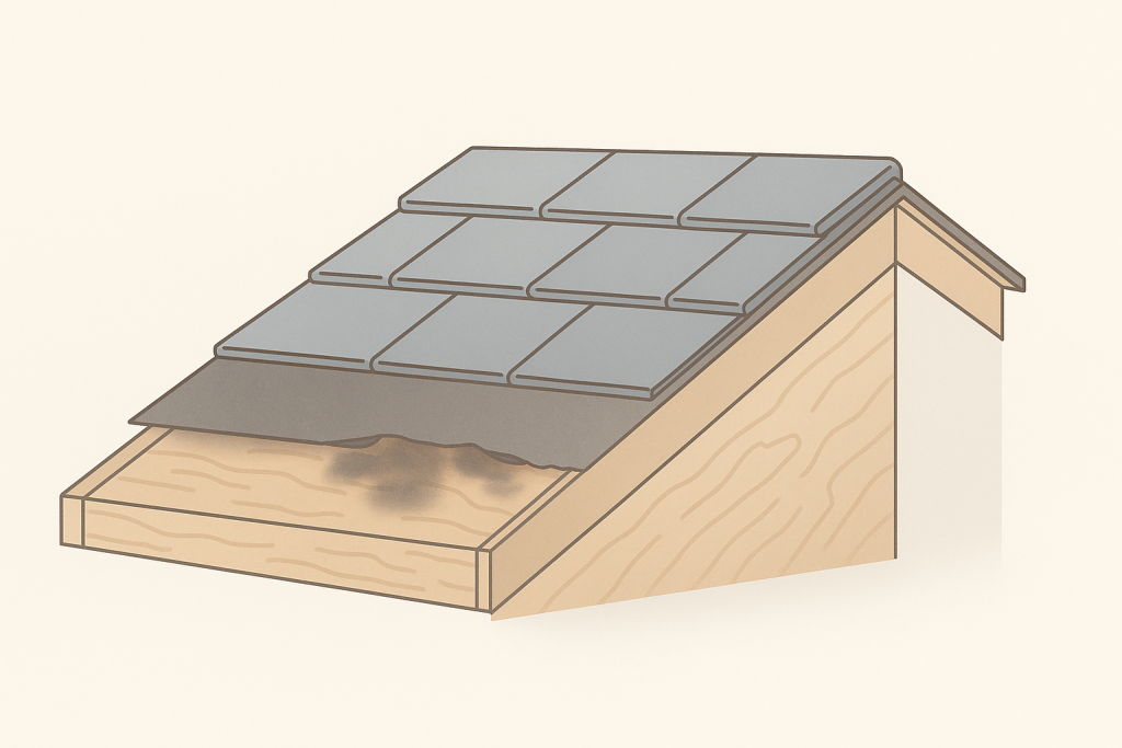 屋根内部で進行する野地板の腐食と下地劣化の様子