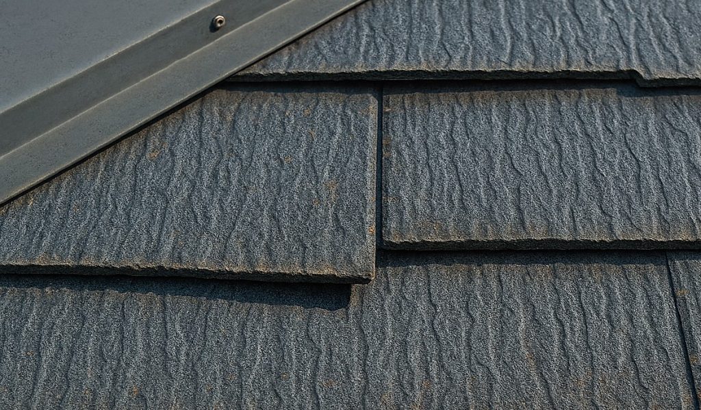 経年劣化で表面が摩耗し、スレートの重なりが不均一に見える屋根の状態