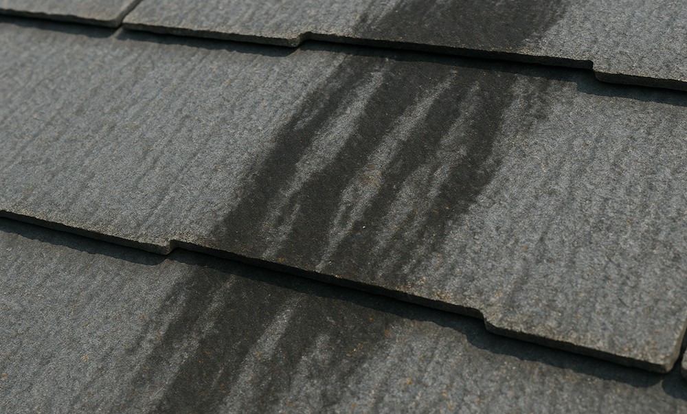 雨染みや黒ずみに加え、色あせや苔が見られるスレート屋根の劣化状態
