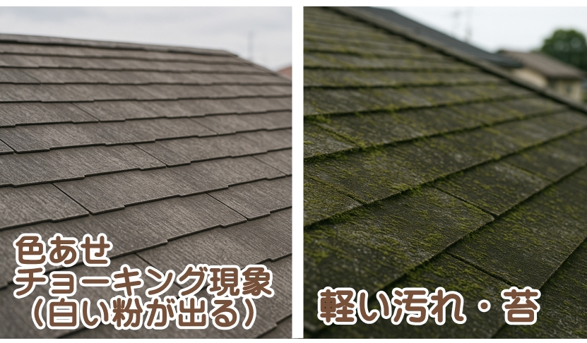 スレート屋根の表面が色あせ、防水性能が低下し始めている状態と表面に苔や汚れが付着し、劣化が進み始めている状態と表面を触ると白い粉が付くチョーキング現象の例
