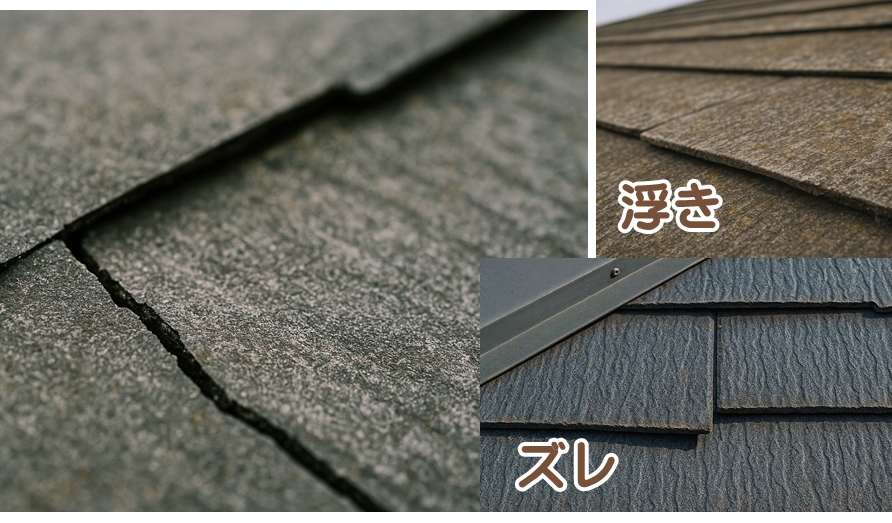 スレートにひび割れ・反り・浮き・ズレが出ている状態