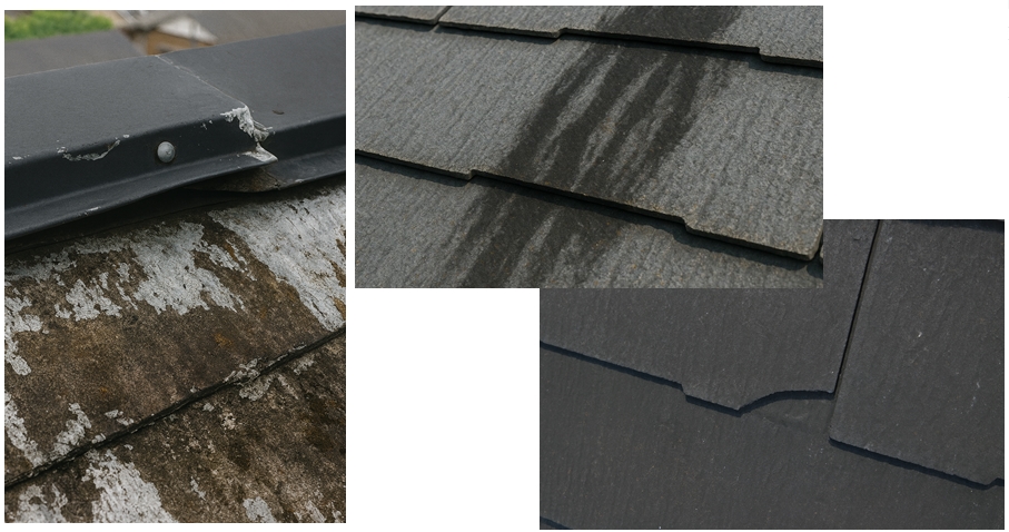 棟板金を固定する釘が浮き、隙間が生じ始めている、雨水の影響でスレート屋根に雨染みや黒ずみが発生している劣化したスレートが割れ、破片が落下した跡が見られる屋根の状態