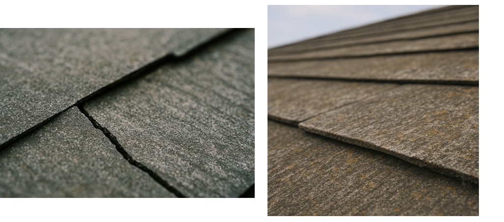 スレートのひび割れ･浮き・反り・欠けがある様子