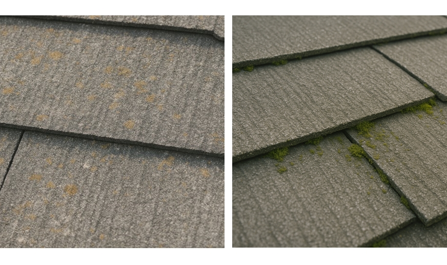 色あせや苔・汚れが見られるスレート屋根の初期劣化状態
