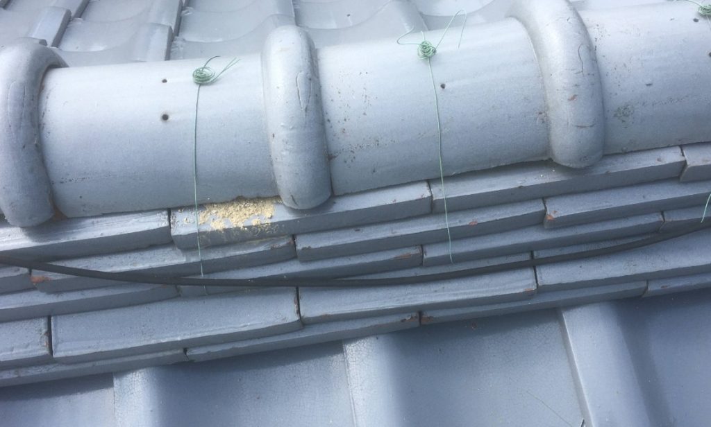 棟部分で起きている熨斗瓦のズレと歪み