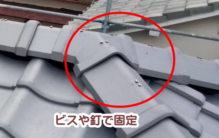 防災瓦屋根のロック構造と釘固定による耐震施工イメージ