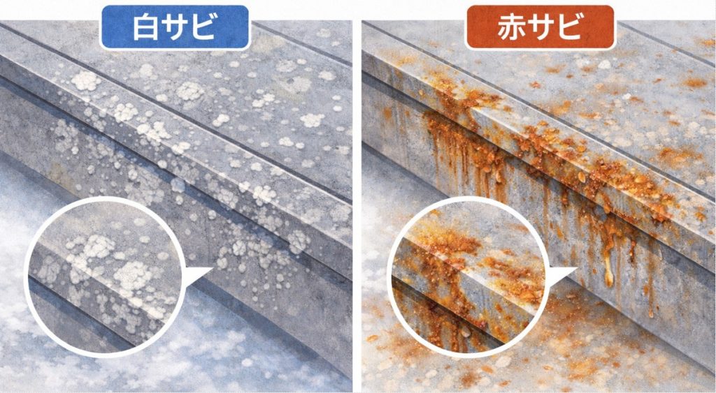 ガルバリウム鋼板に出る白サビと赤サビの違いを示す比較イメージ