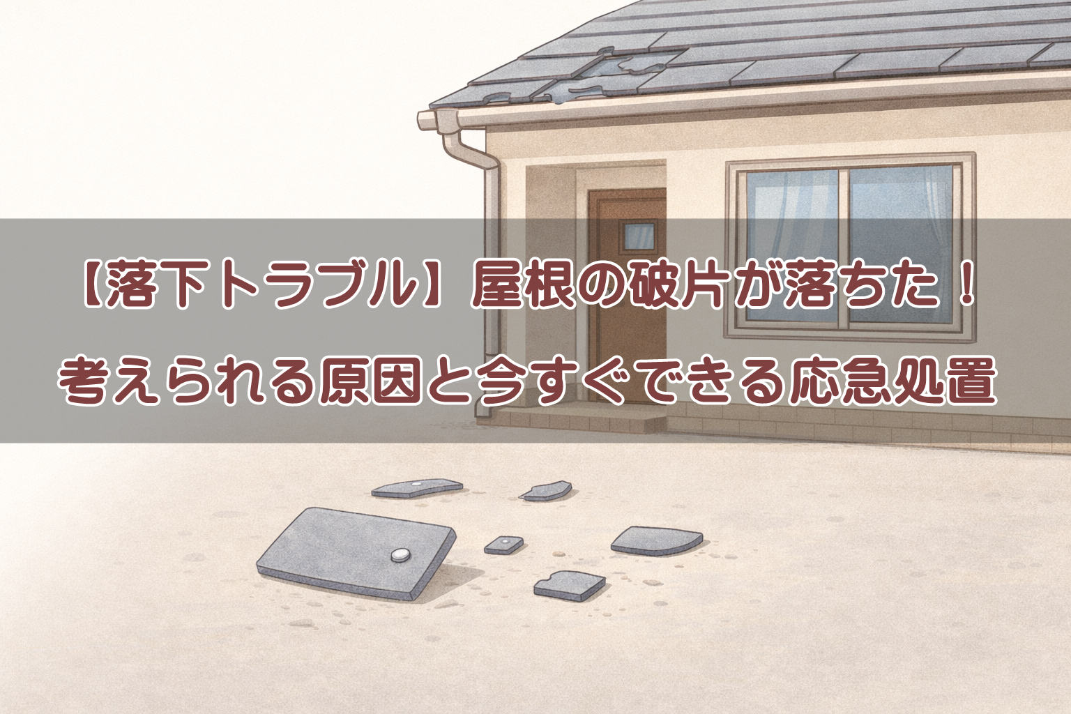 屋根の破片が落下して地面に散らばっている住宅のイメージ