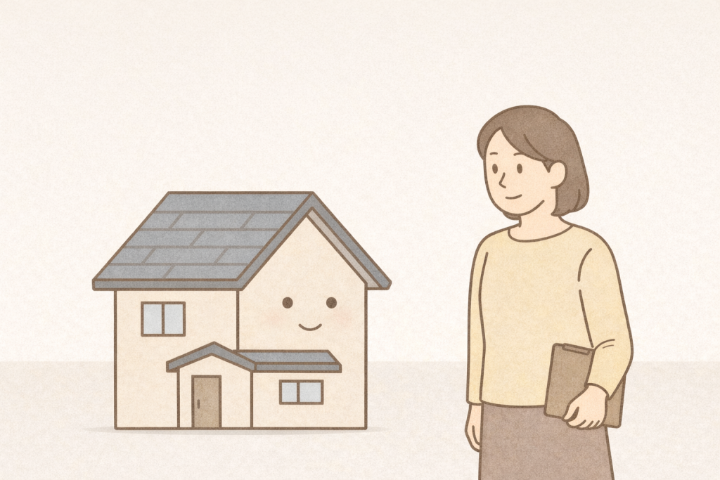 スレート屋根修理について理解し家キャラと一緒に安心して次の行動を考えているイメージ
