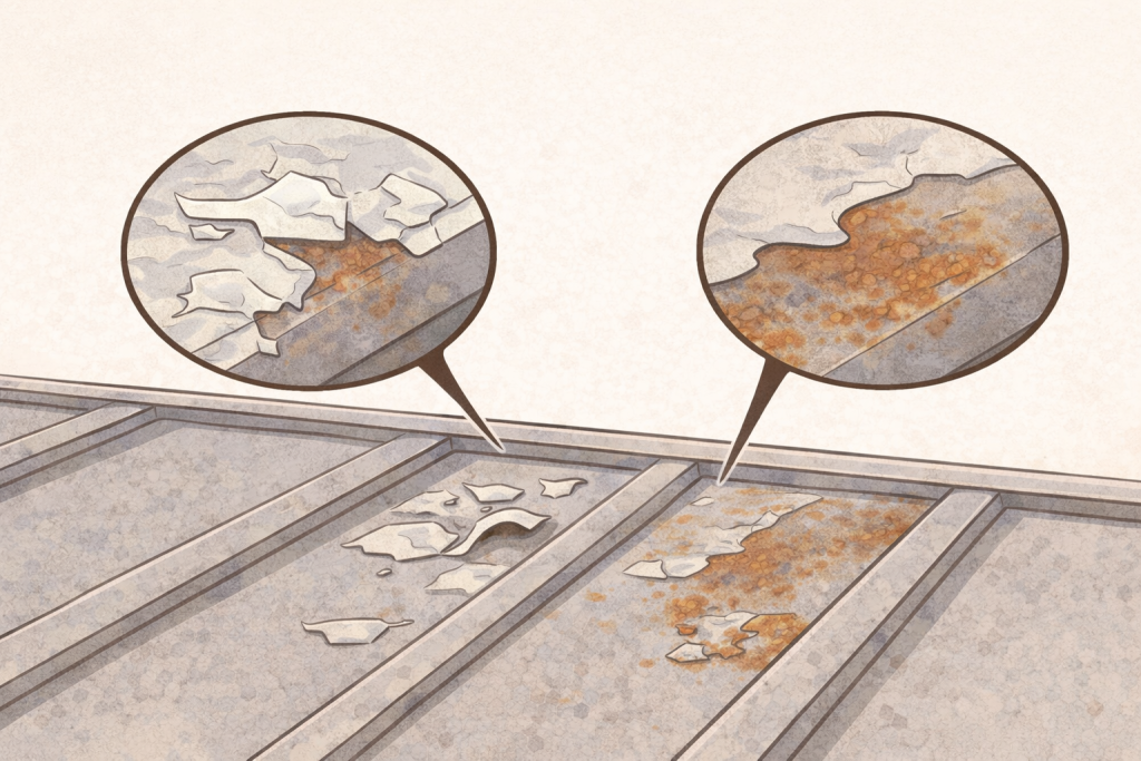 DIY塗装で下地処理が不十分なため塗膜が剥がれた金属屋根