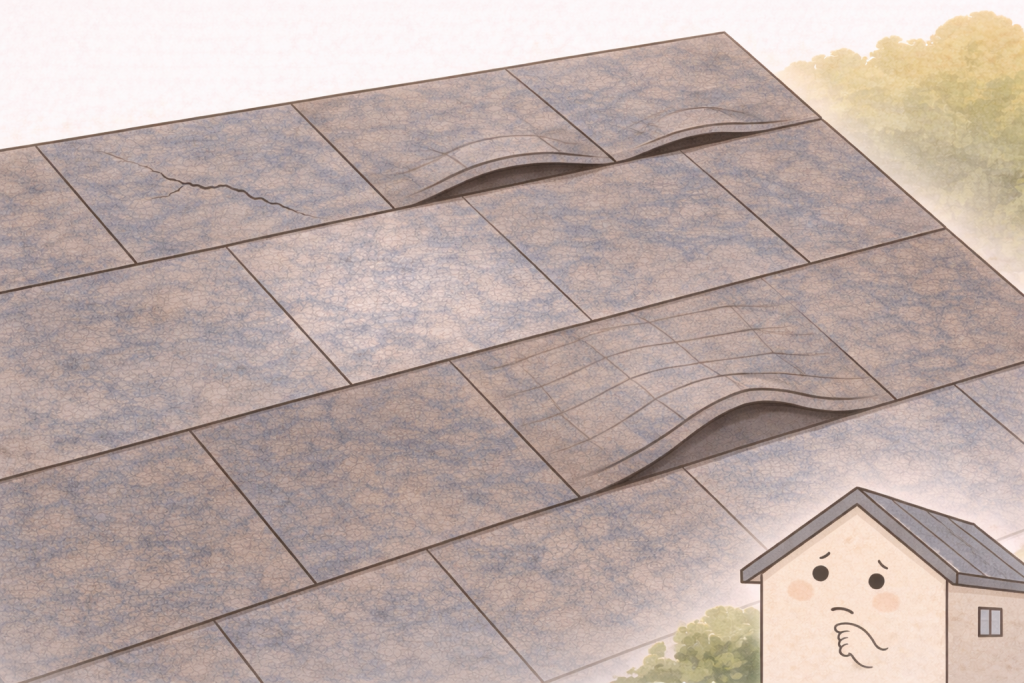 スレート屋根に見られるさまざまな劣化症状を俯瞰で整理したイメージ