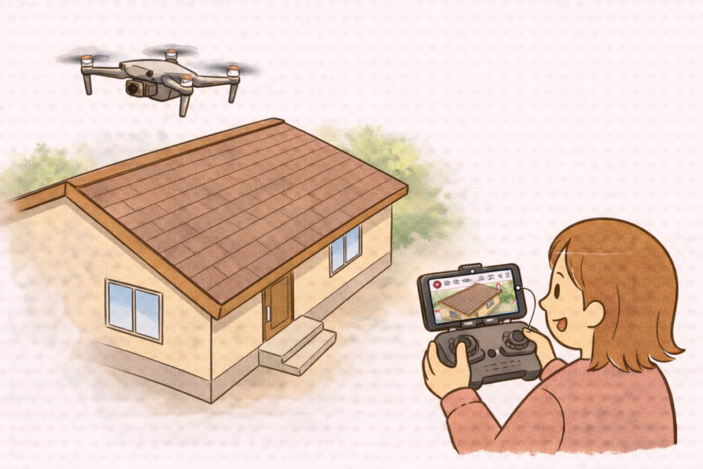 ドローンが住宅屋根を撮影している場面