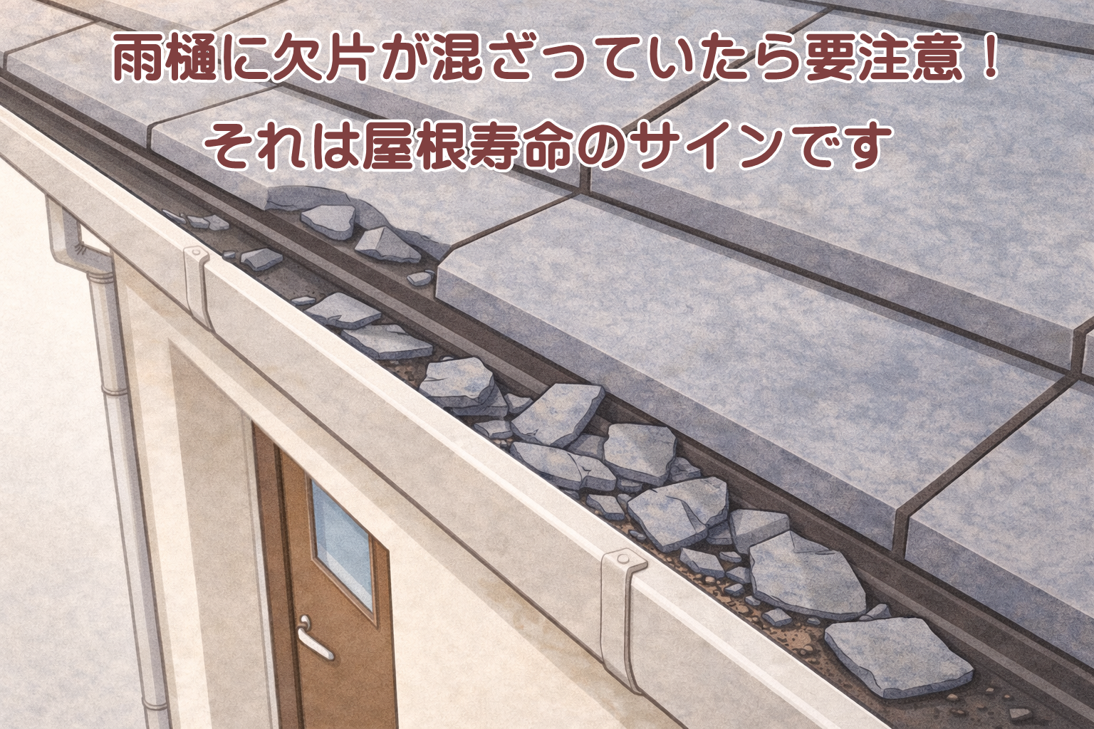 雨樋の中にスレート屋根の欠片が溜まっている屋根劣化のサインを示すイメージ