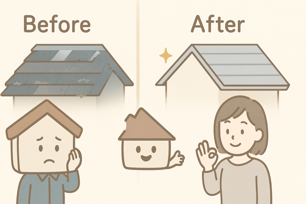 カバー工法のビフォーアフターを比較したイラスト。古いスレート屋根と新しい金属屋根の仕上がりがわかりやすく描かれている。

