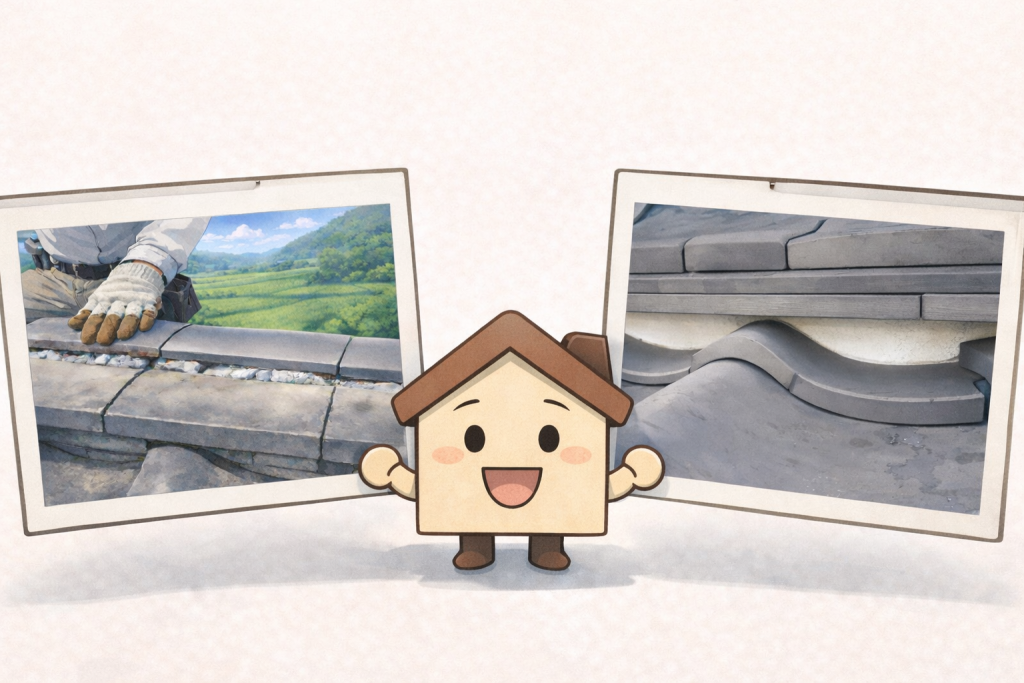 漆喰補修と棟積み直し工事の違いを比較したイメージ