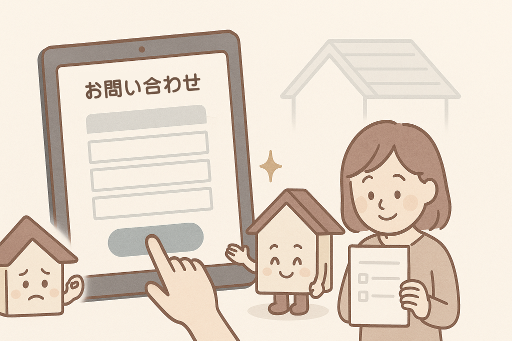 タブレットの送信ボタンを押そうとする手と、お辞儀する京キャラが描かれたお問い合わせ誘導イメージイラスト。
