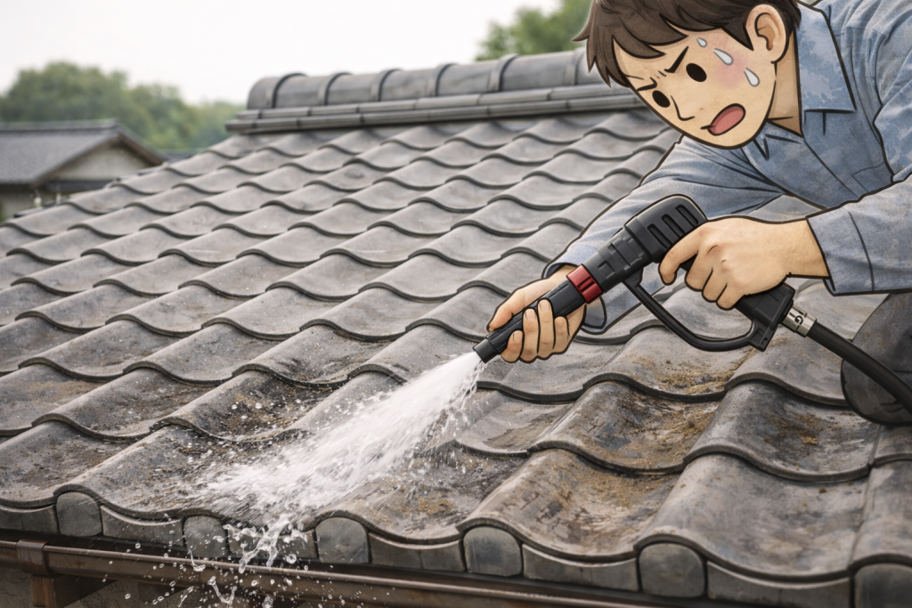 高圧洗浄で瓦屋根や漆喰が傷むリスクのイメージ
