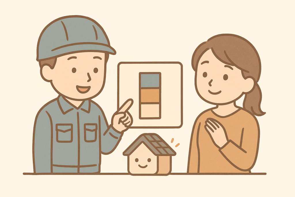 作業員が費用ボードを使って雨漏り修理の料金を丁寧に説明し、女性客が安心して微笑んでいるイラスト