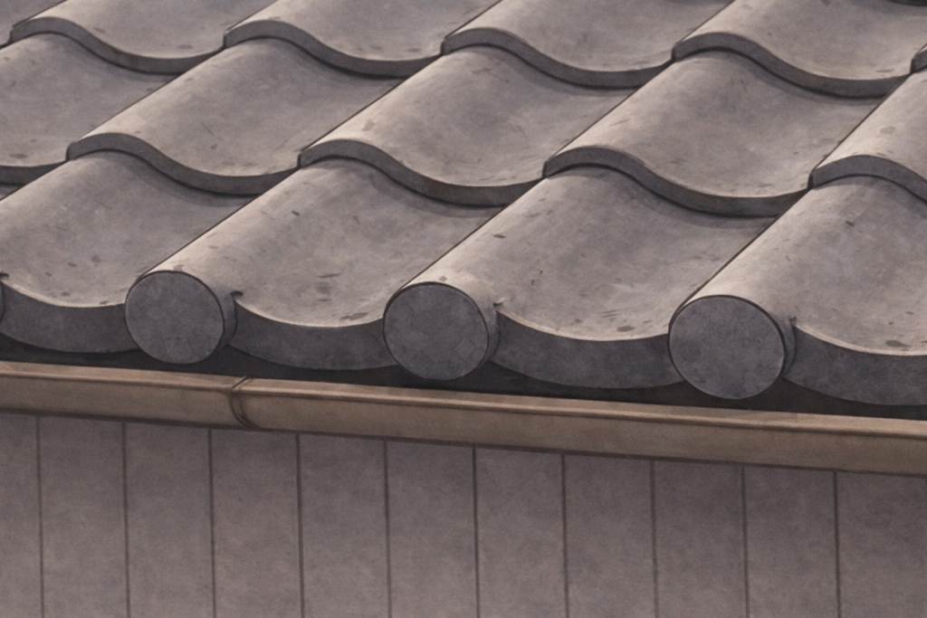 下から見て分かる瓦屋根の軒先のズレ