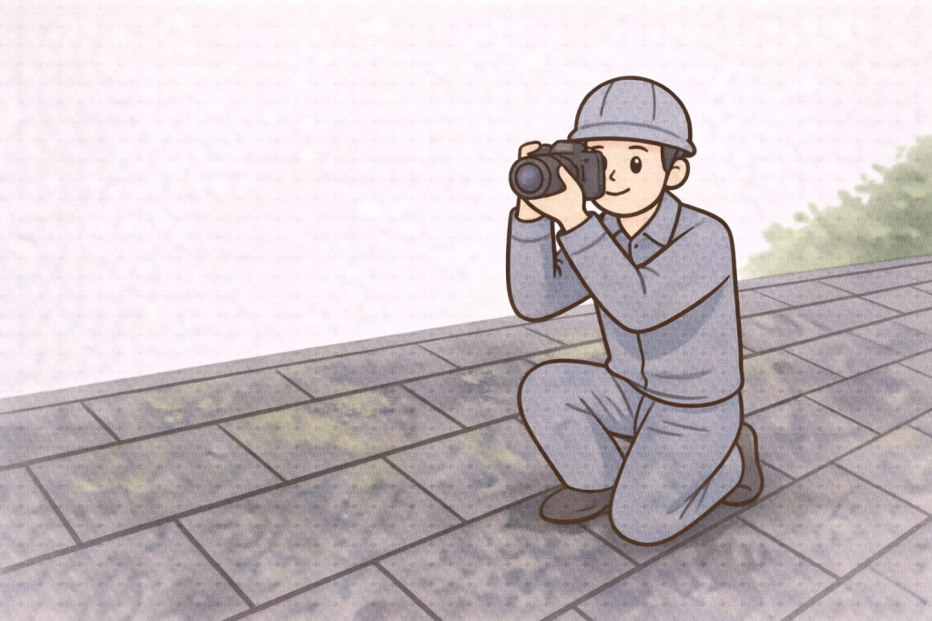家キャラと屋根の専門作業員が点検を任せてよいことを伝えているイメージ
