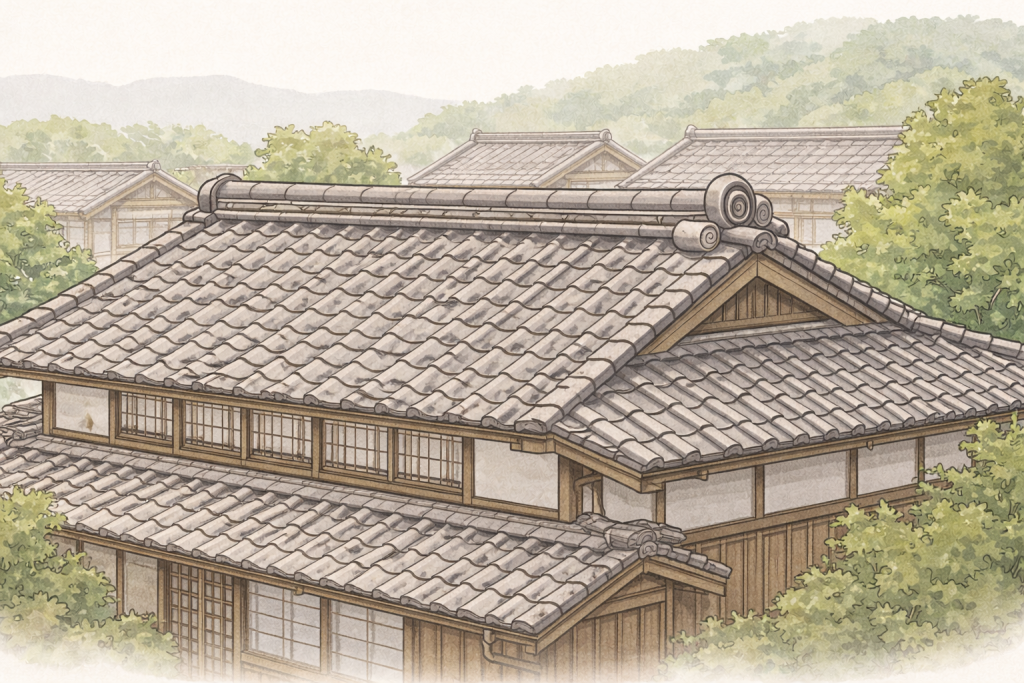 古民家や京町家に残る伝統的な瓦屋根の外観イメージ