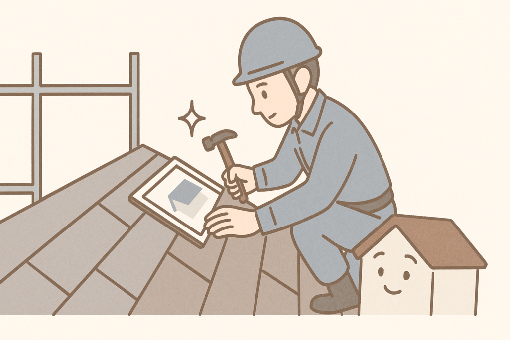 足場の上で屋根工事を丁寧に行う作業員のイラスト

