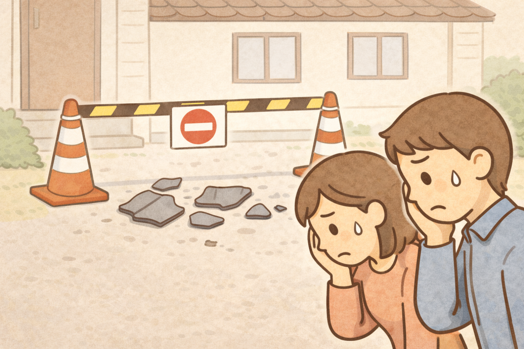 瓦が落下した場所に人が近づかないよう注意している様子
