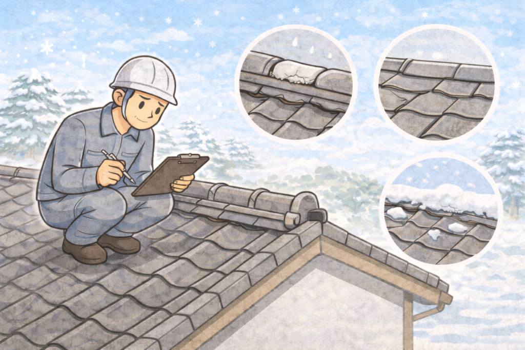 冬前に確認したい瓦屋根の漆喰や棟の劣化状態のイメージ