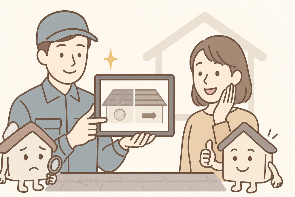 作業員がタブレットで点検写真を説明し、女性が頬に手を当てて安心した表情で見ているシーン。横で京キャラがグッドサインをしている。
