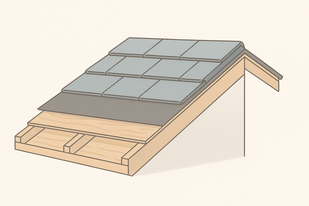 屋根の内部構造と下地腐食が起こる位置を示す断面イメージ