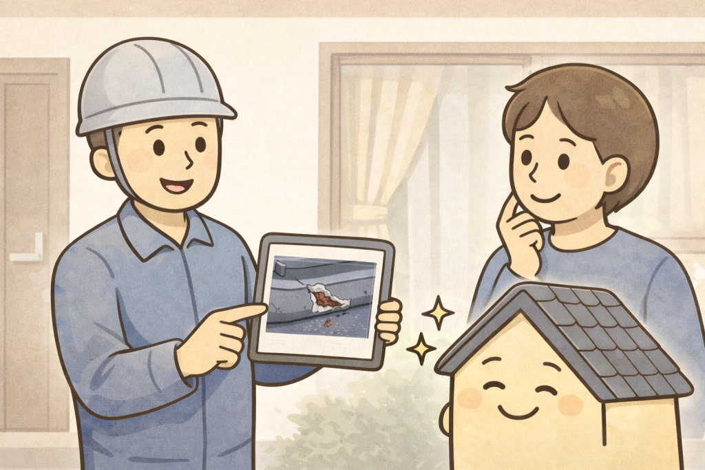 瓦屋根の棟を点検して状態を確認する様子